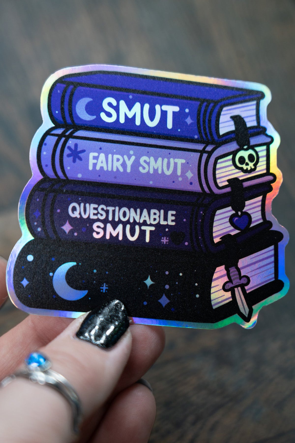 Bookish Smut Book Stack Sticker | Romantasy Kindle Holographic Decal - Vix and Ink