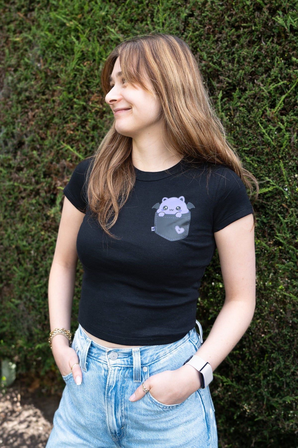 Bubl Bat Pocket Print Baby Tee | Y2K Goth Micro Rib Shorter Cut Shirt - Vix and Ink