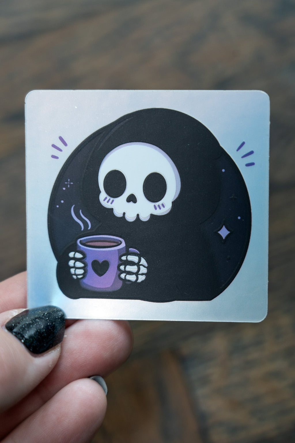 Cosy Grim Reaper Coffee Sticker | Cute Goth Matte Holographic Decal - Vix and Ink