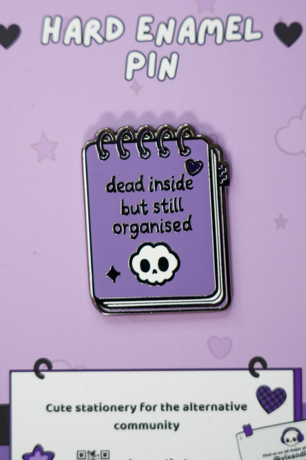 Dead Inside But Still Organised Pin Badge | Goth Notebook Enamel Lapel Pin - Vix and Ink