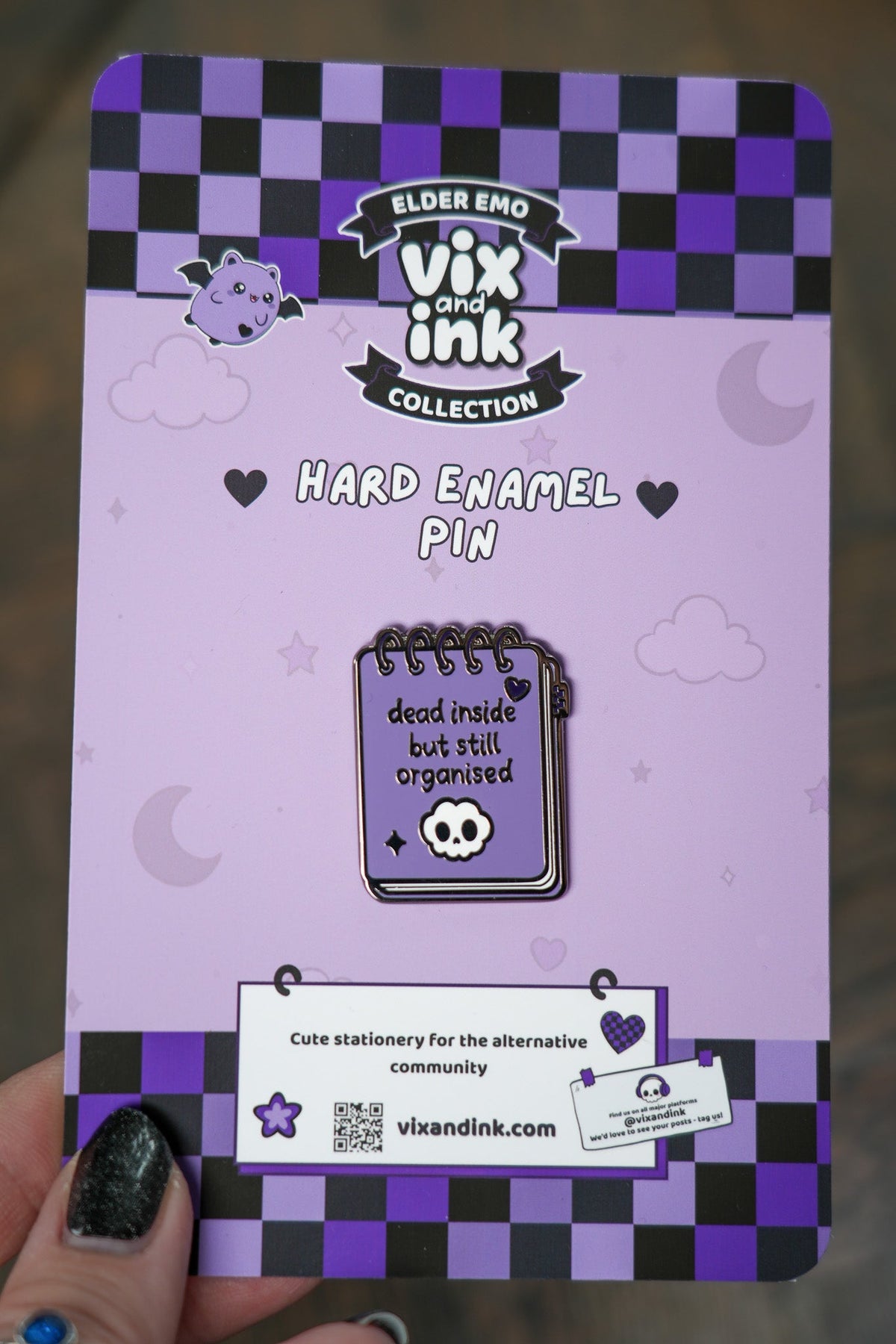 Dead Inside But Still Organised Pin Badge | Goth Notebook Enamel Lapel Pin - Vix and Ink