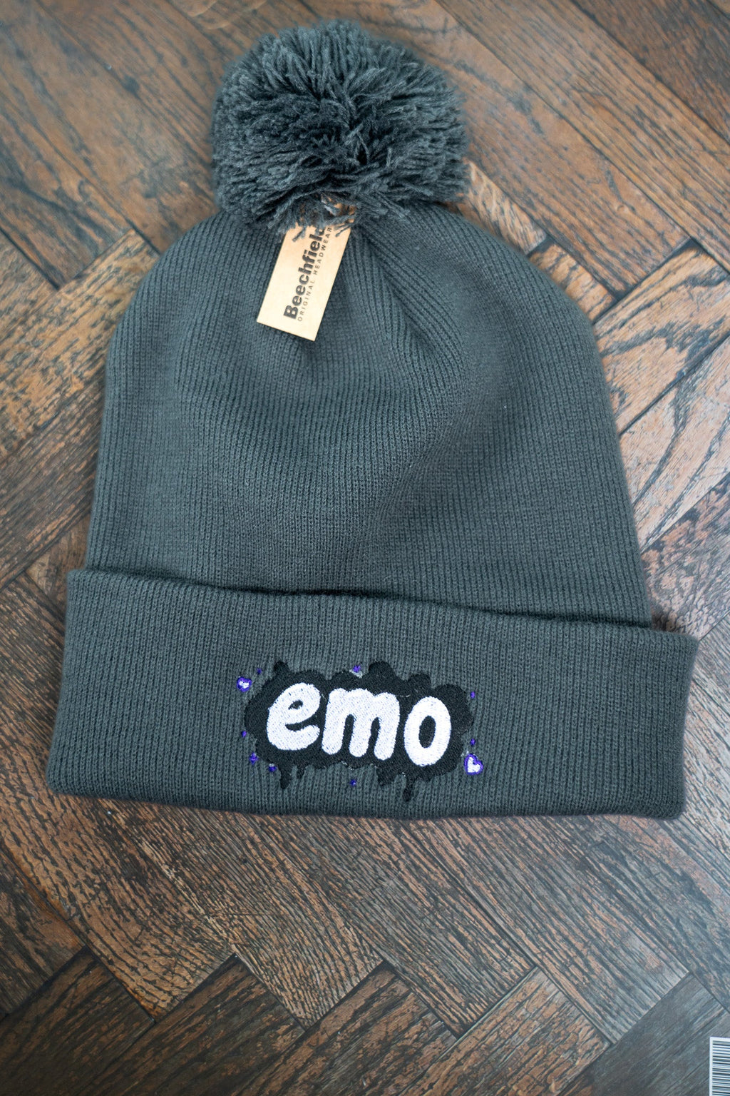 Embroidered Emo Pom Pom Beanie Hat | Alternative Goth Winter Knit Cap - Vix and Ink