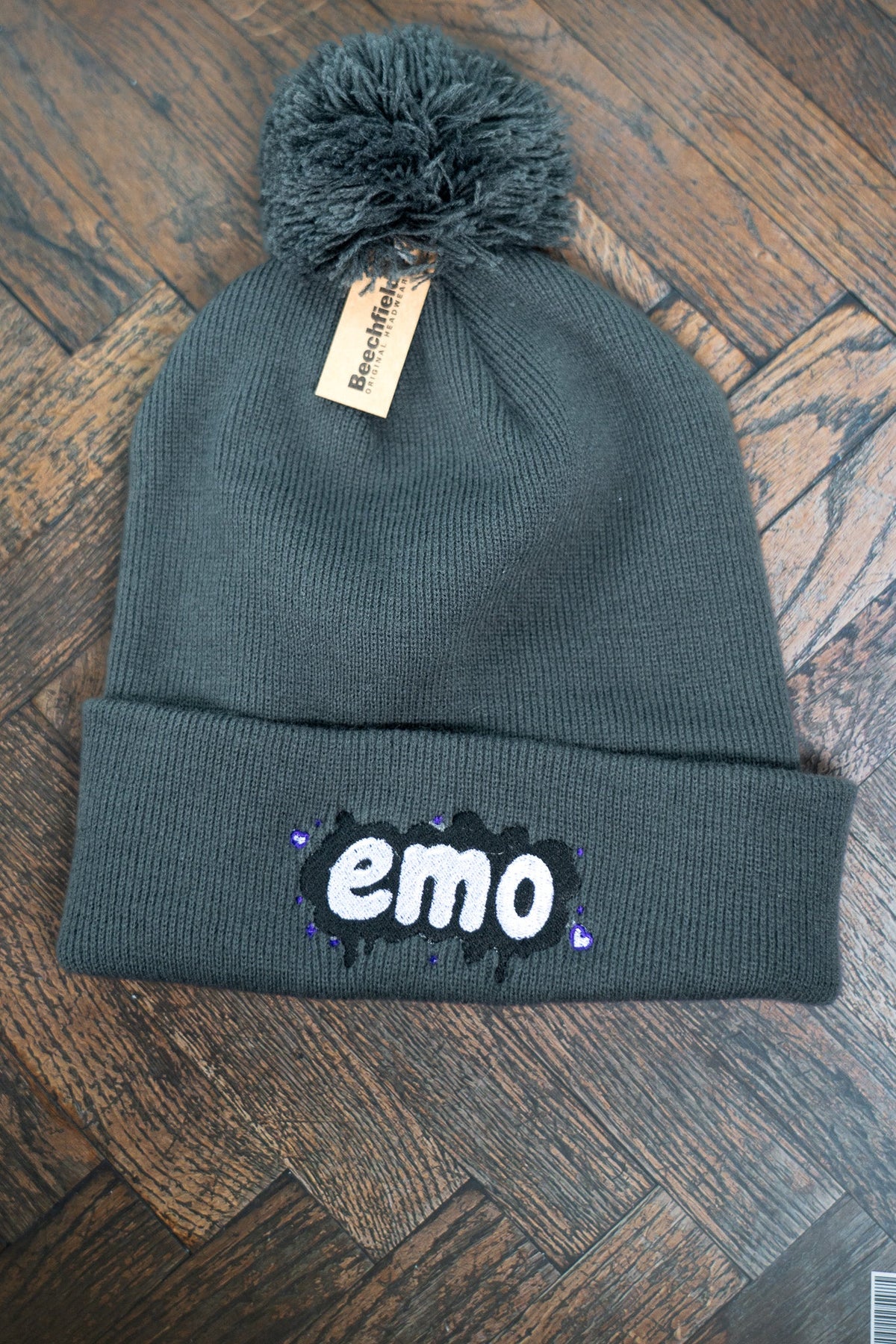Embroidered Emo Pom Pom Beanie Hat | Alternative Goth Winter Knit Cap - Vix and Ink