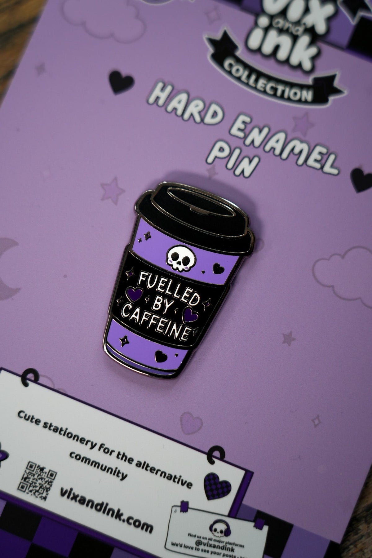Fuelled By Caffeine Metal Pin Badge | Goth Coffee Enamel Lapel Pin - Vix and Ink