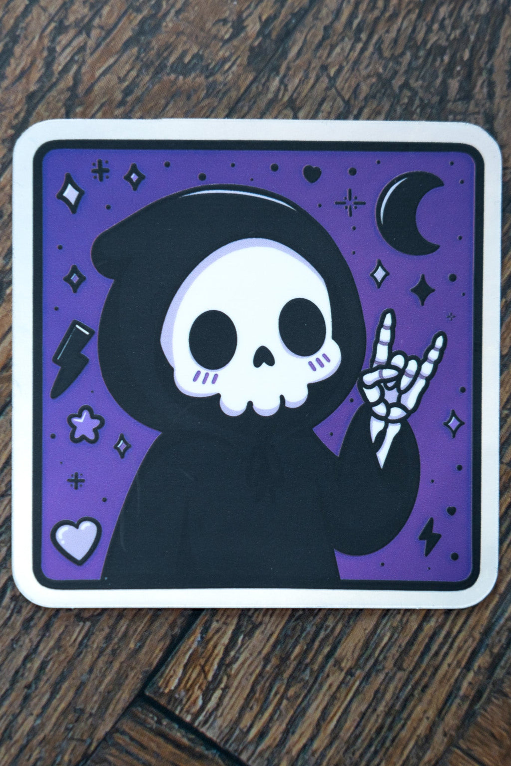 Metalhead Grim Reaper Sticker | Cute Goth Rock Horns Holographic Decal - Vix and Ink