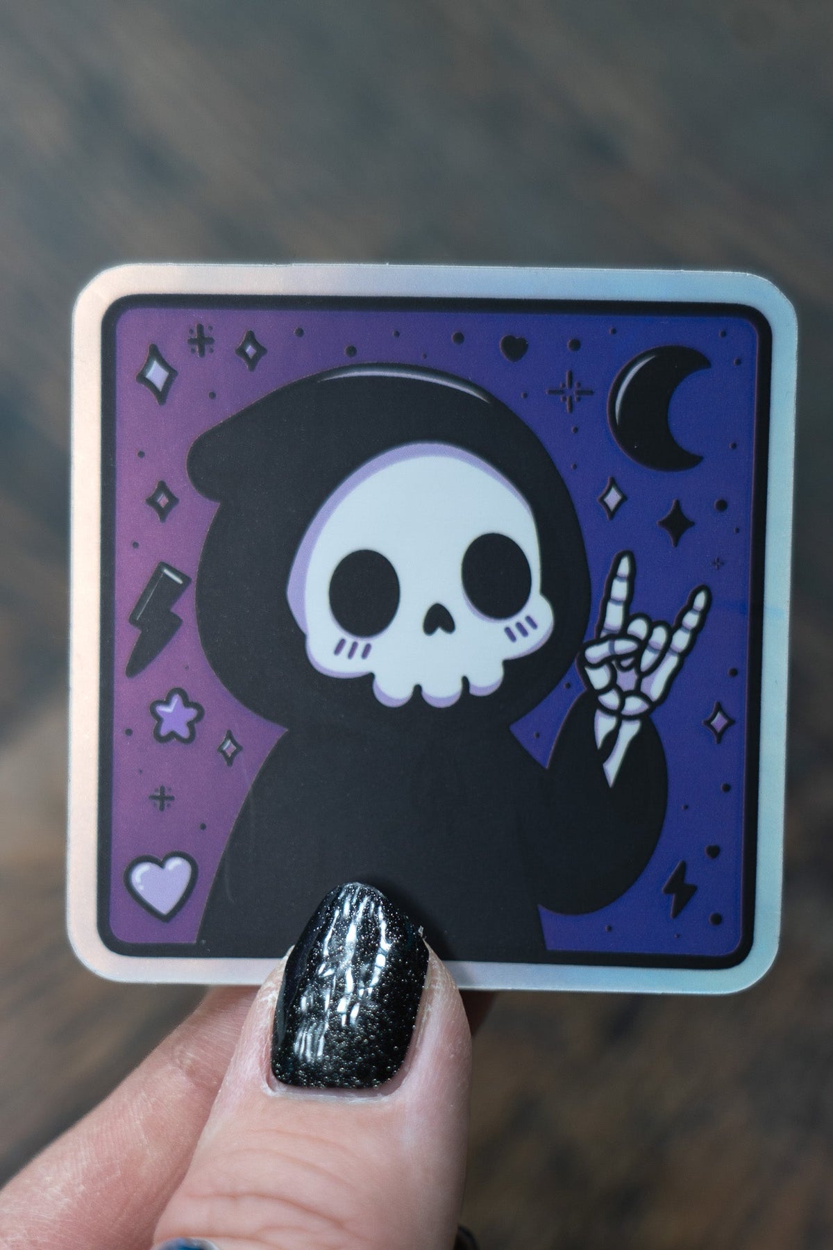 Metalhead Grim Reaper Sticker | Cute Goth Rock Horns Holographic Decal - Vix and Ink