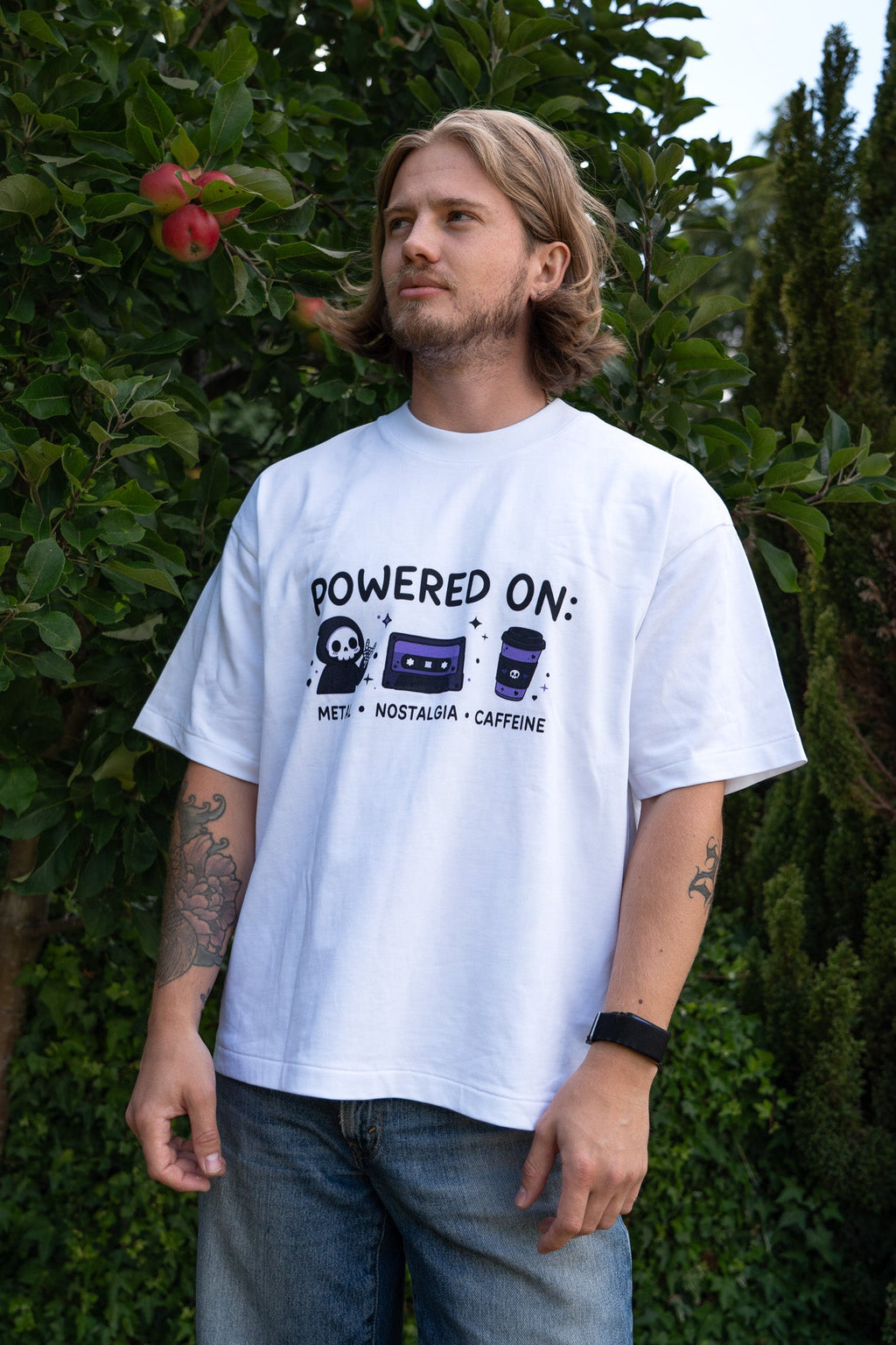 Powered On Metal Nostalgia Caffeine Shirt | Oversized Goth Heavyweight Tee - Vix and Ink