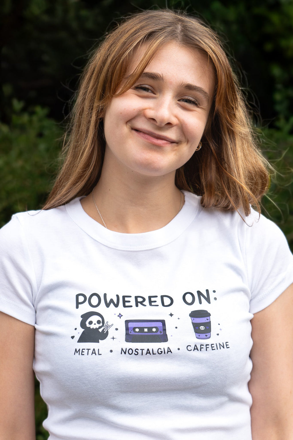 Powered On Metal Nostalgia Caffeine Shirt | Y2K Goth Micro Rib Baby Tee - Vix and Ink