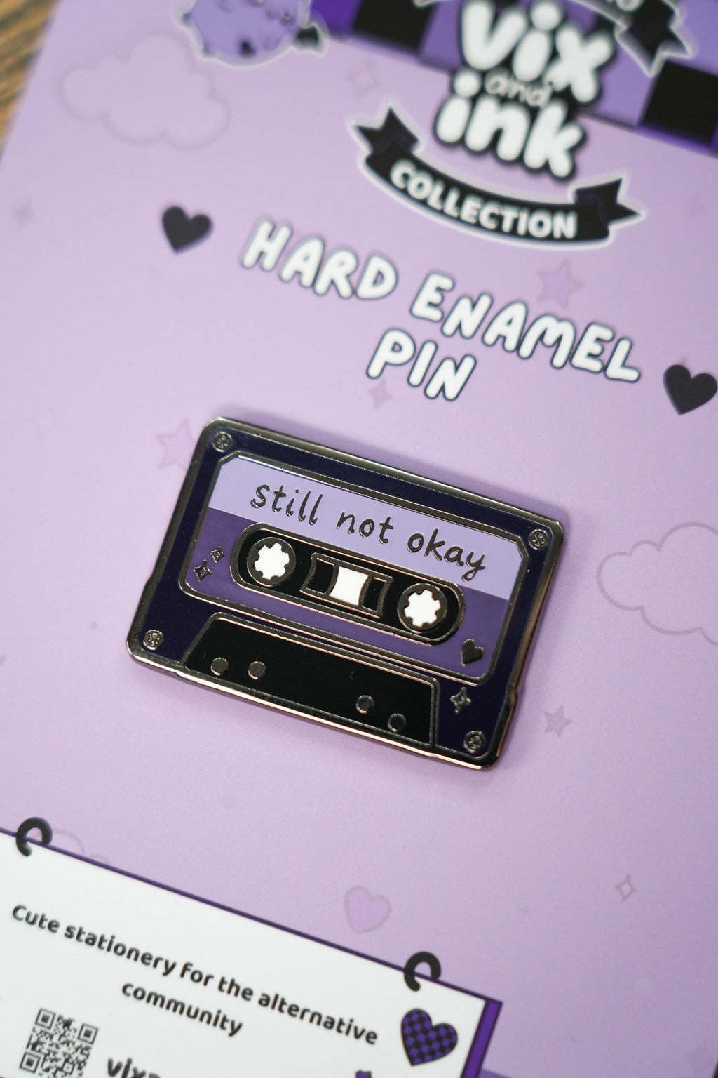 Still Not Okay Cassette Pin Badge | Goth Retro Music Enamel Lapel Pin - Vix and Ink