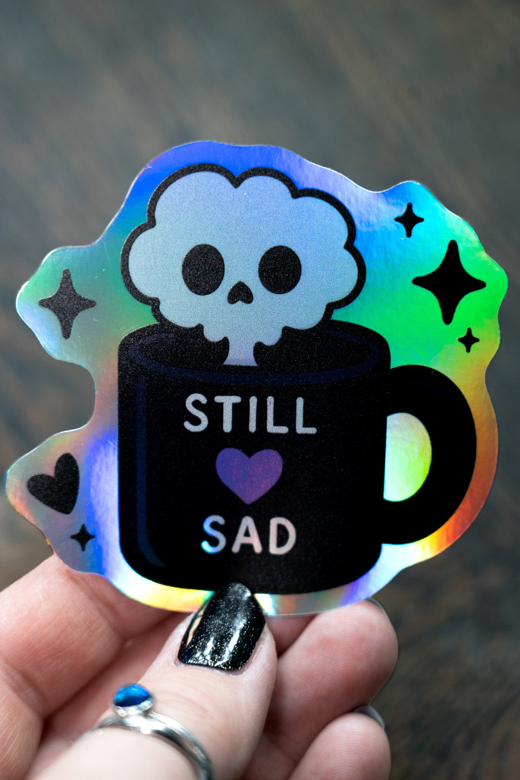 Still Sad Skull Mug Sticker | Emo Textured Holographic Laptop Decal - Vix and Ink