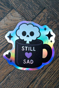 Still Sad Skull Mug Sticker | Emo Textured Holographic Laptop Decal - Vix and Ink