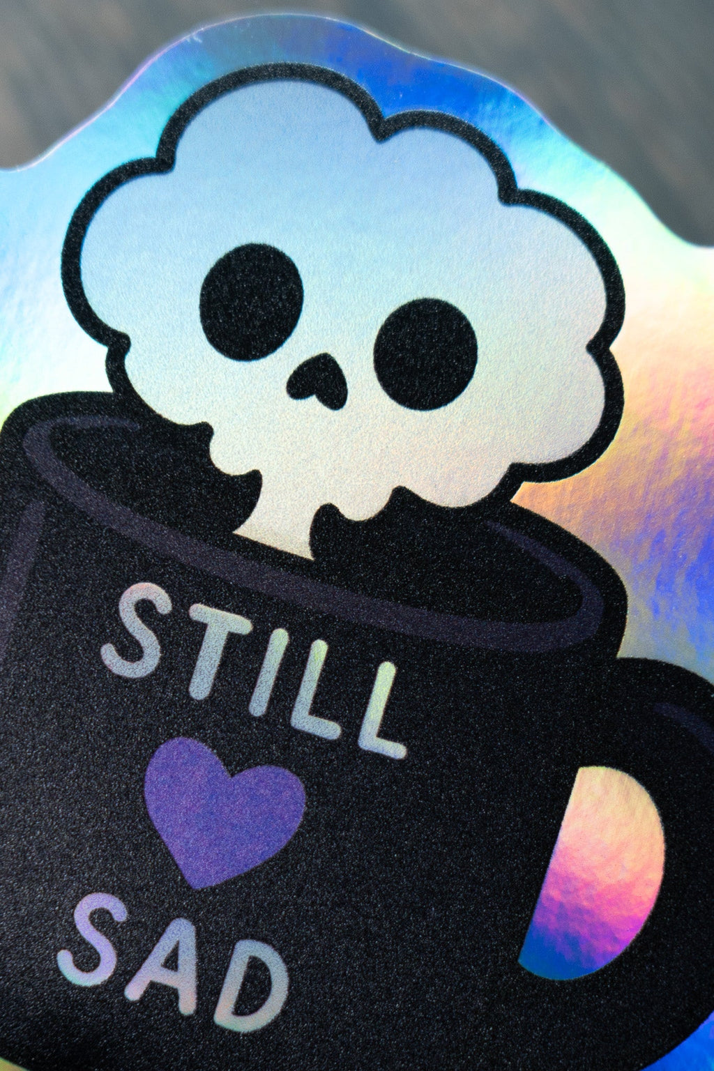 Still Sad Skull Mug Sticker | Emo Textured Holographic Laptop Decal - Vix and Ink