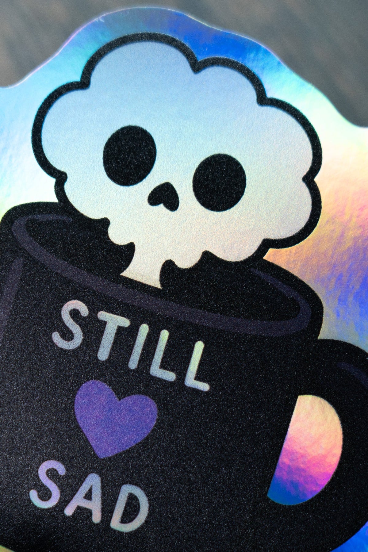 Still Sad Skull Mug Sticker | Emo Textured Holographic Laptop Decal - Vix and Ink