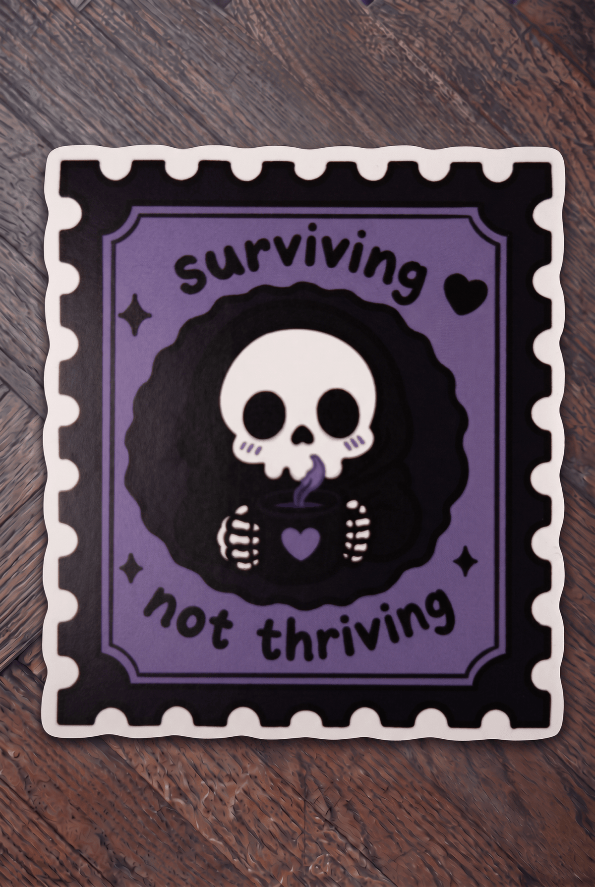 Surviving Not Thriving Stamp Die Cut Sticker | Cute Goth Vinyl Sticker Laptop Decal - Vix and Ink