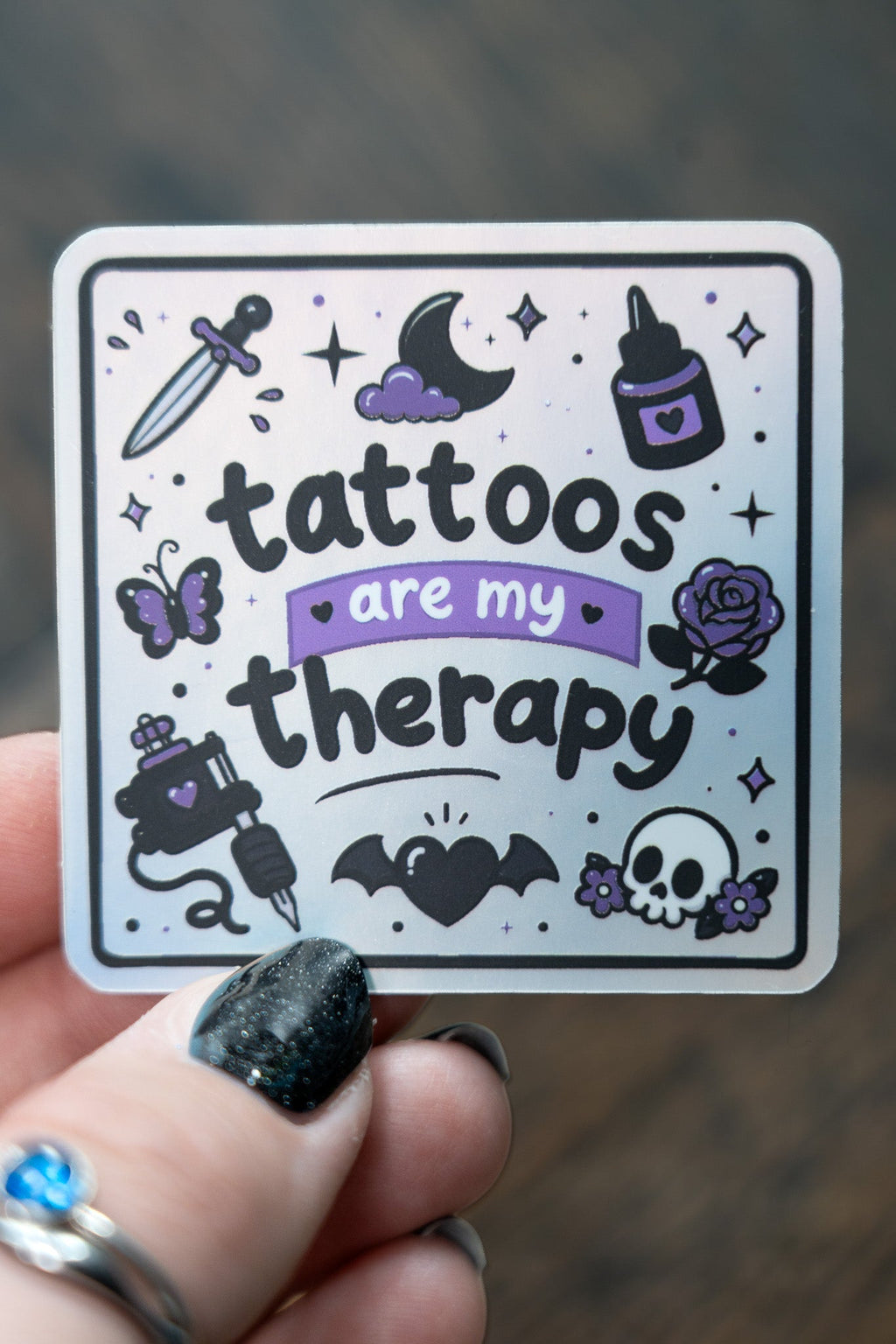 Tattoos Are My Therapy Sticker | Goth Ink Lover Matte Holographic Kindle Decal - Vix and Ink