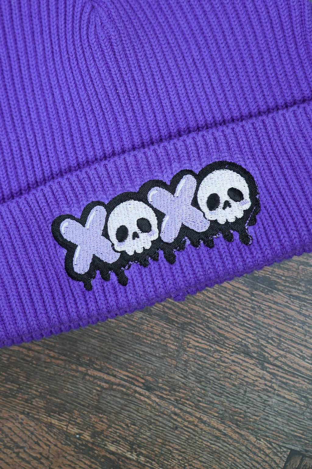 XOXO Skull Embroidered Fisherman Beanie | Organic Cotton Goth Watch Cap - Vix and Ink