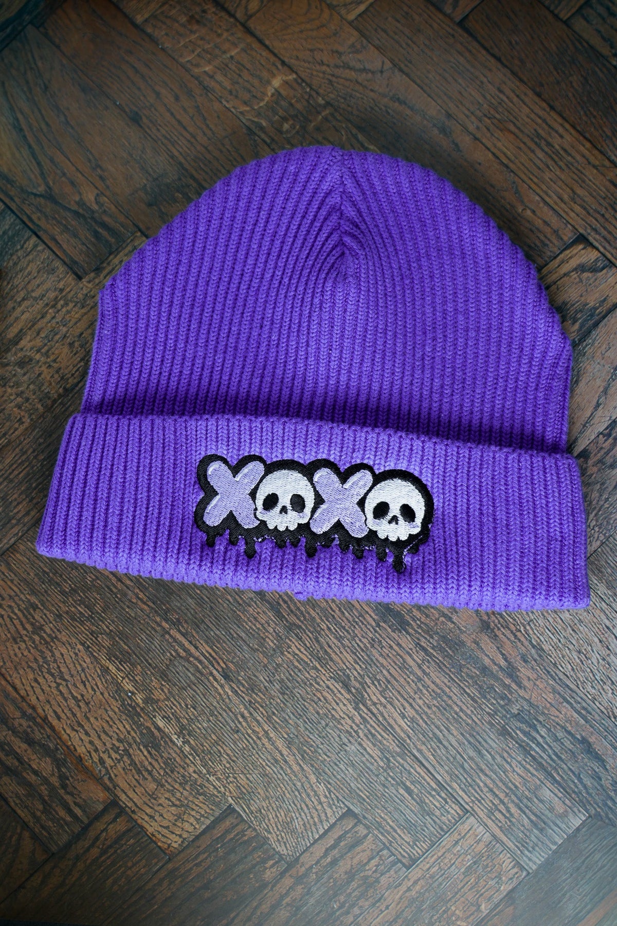 XOXO Skull Embroidered Fisherman Beanie | Organic Cotton Goth Watch Cap - Vix and Ink